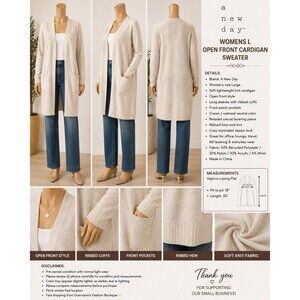 A New Day Women’s L Open Front Long Cardigan Sweater Soft Knit Lounge Layering D